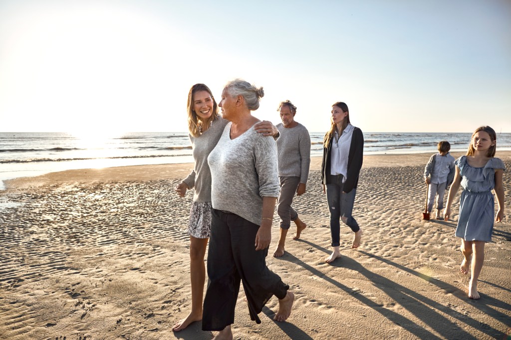 multi generational family walking at the beach