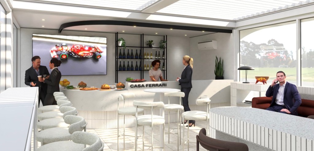 A render of this year's three-storey Casa Ferrari pop-up. Image: Supplied