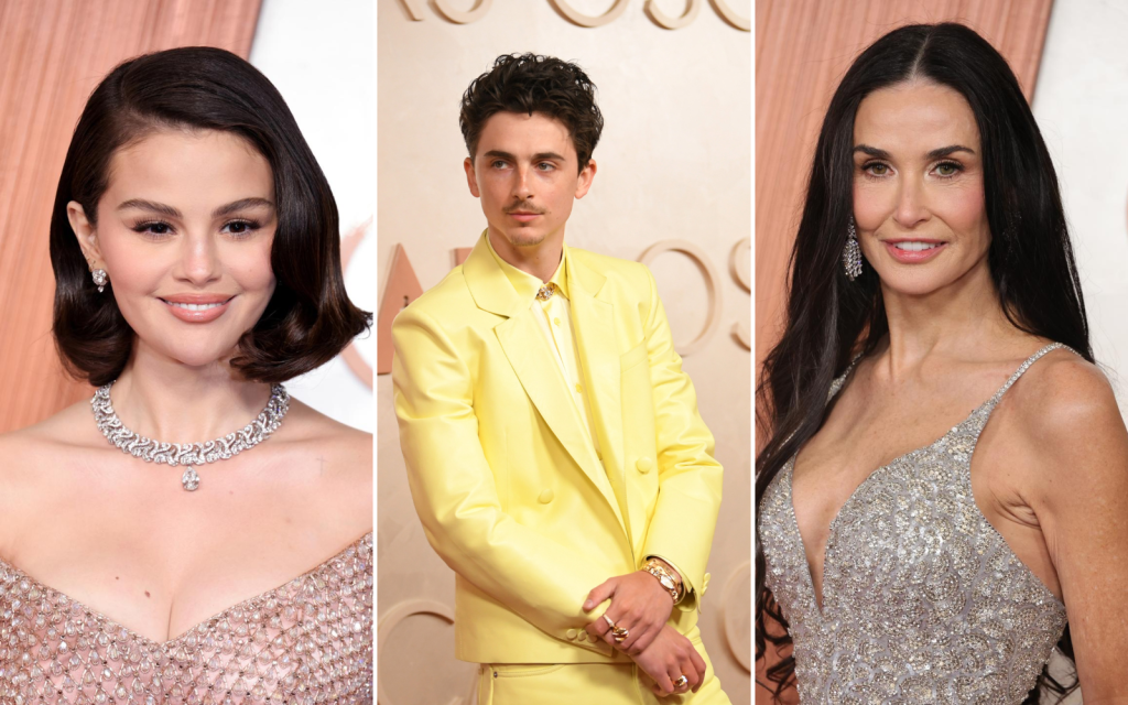 Selena Gomez, Timothee Chalamet and Demi Moore at the 2025 Oscars. Images: Getty